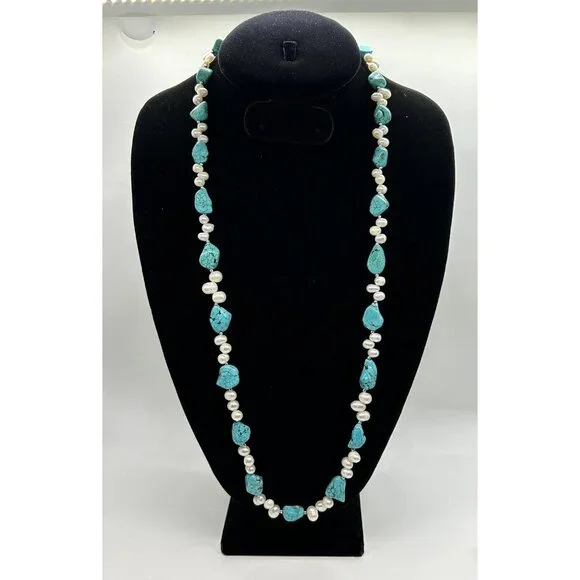 Fresh Water Pearl & Turquoise Colored Gemstone Necklace Bracelet Earring Set - Picture 2 of 6